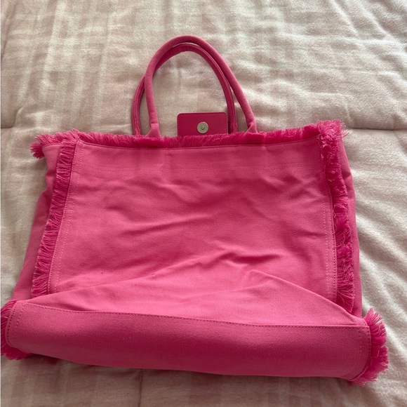 Rae Dunn Pink Tote with Fringe and 'Vacay All Day' Print - Picture 2 of 4